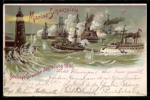 Lithographie Berlin, Marine-Schauspiele in der Gewerbe-Ausstellung 1896