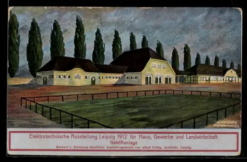 Künstler-AK sign. Alfred Liebig: Leipzig, Elektrotechnische Ausstellung 1912, für Haus, Gewerbe und Landwirtschaft