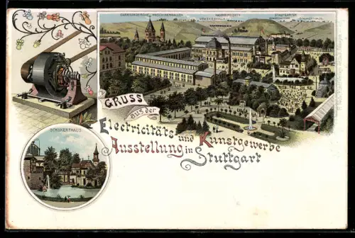 Lithographie Stuttgart, Elektrizitäts- und Kunstgewerbe-Ausstellung, Vogelschau auf Ausstellungsgelände und Schukerthaus