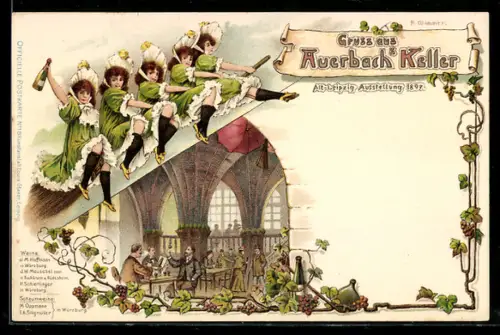 Lithographie Leipzig, Ausstellung 1897, Gäste im Auerbachskeller, Damen in Tracht auf einem Besen