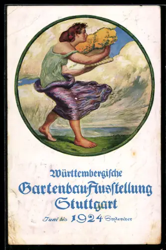 AK Stutgart, Württembergische Gartenbau-Ausstellung 1924, Frau mit Blumen