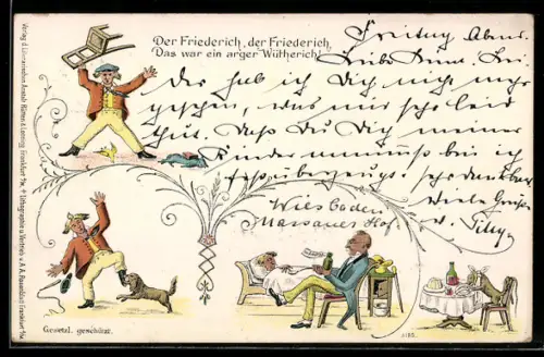 Lithographie Struwwelpeter in verschiedenen Szenen, Der Friedrich, der Friedrich, das war ein arger Wütherich