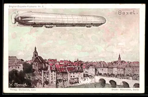 Künstler-AK Basel, Zeppelin-Luftschiff über der Stadt
