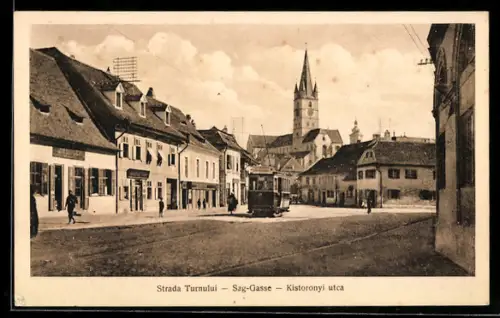 AK Hermannstadt, Sag-Gasse, Strassenbahn