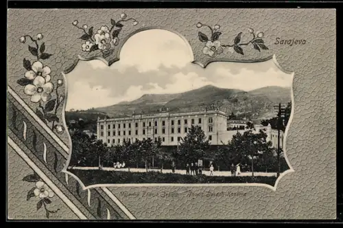 AK Sarajevo, Franz-Joseph-Kaserne im Rahmen mit Blumen