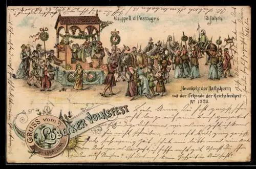 Lithographie Lübeck, Volksfest, Gruppe II des Festzuges, Heimkehr der Ratsherren m. d. Urkunde der Reichsfreiheit 1226