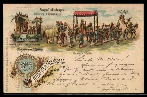 Lithographie Lübeck, Lübecker Volksfest, Festzug mit Herzog v. Holstein aus dem 16. Jahrhundert