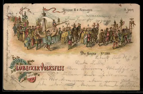 Lithographie Lübeck, Volksfest 1898, Gruppe III des Festzuges, die Hansa anno 1360
