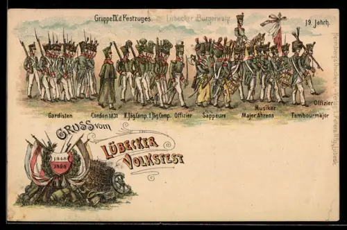 Lithographie Lübeck, Lübecker Volksfest, Gruppe IX des Festzuges, Fahnen und Wappen mit Jahreszahlen 1848 und 1898