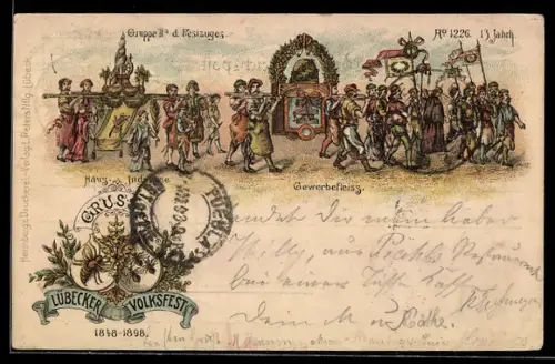 Lithographie Lübeck, Lübecker Volksfest, Gruppe II des Festzuges, Haus der Industrie, Gewerbefleiss