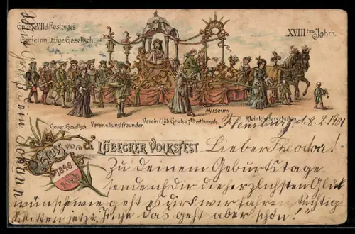 Lithographie Lübeck, Lübecker Volksfest, Festzug mit Geogr. Gesellschaft, Verein v. Kunstfreunden u. Kleinkinderschulen