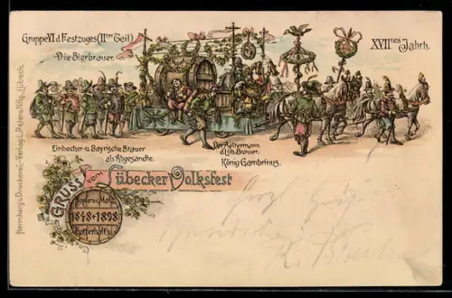 Lithographie Lübeck, Volksfest 1898, Gruppe VI. des Festzuges: die Bierbrauer
