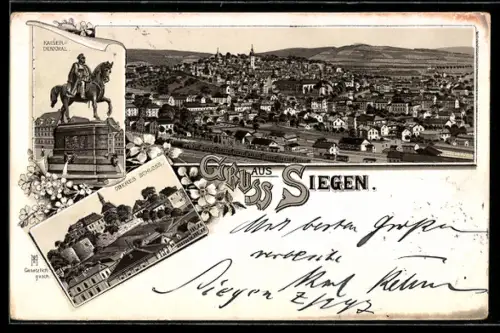 Lithographie Siegen, Kaiser-Denkmal, Oberes Schloss und Gesamtansicht