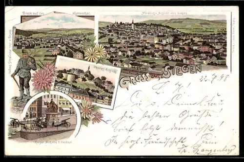 Lithographie Siegen, Bergmann, Hüttenthal, Oberers Schloss, Kaiser Wilhelm I.-Denkmal