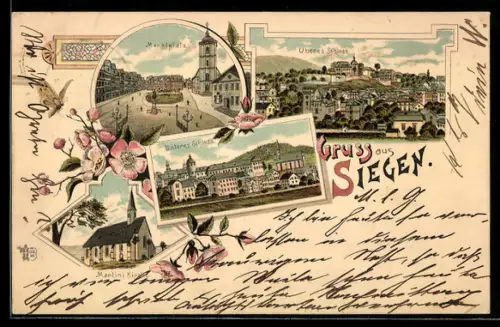 Lithographie Siegen, Martinikirche, Oberes und Unteres Schloss, Marktplatz