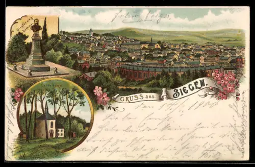 Lithographie Siegen, Diesterweg-Denkmal, Eremitage und Gesamtansicht