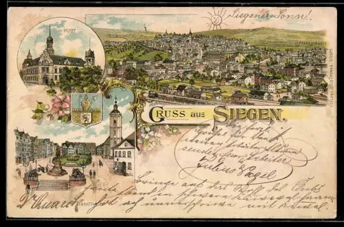 Lithographie Siegen, Teilansicht mit Eisenbahn, Post, Marktplatz