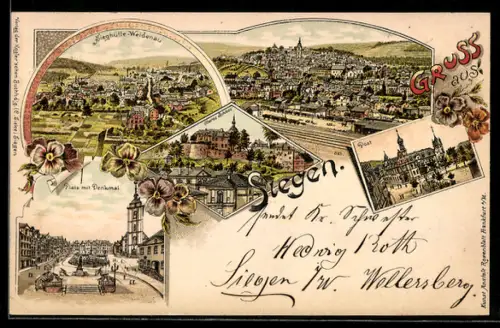 Lithographie Siegen, Totalansicht, Platz mit Denkmal, Bahnhof