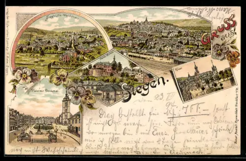 Lithographie Siegen, Sieghütte-Weidenau, Post, Oberes Schloss, Platz mit Denkmal