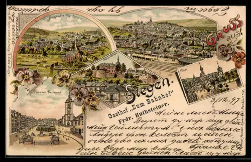 Lithographie Siegen, Totalansicht, Platz mit Denkmal, Bahnhof