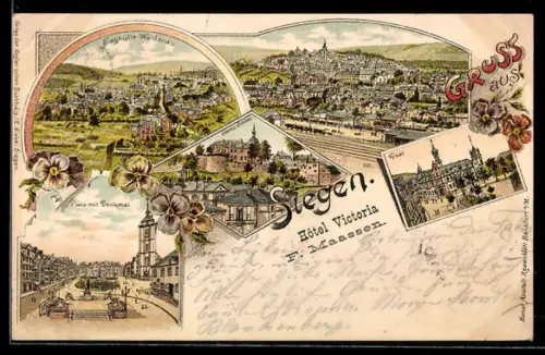 Lithographie Siegen, Sieghütte-Weidenau, Post, Oberes Schloss, Platz mit Denkmal