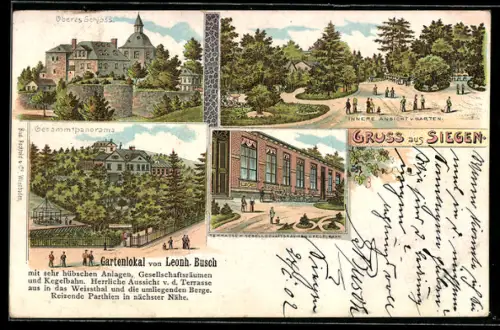 Lithographie Siegen, Gaststätte von Leonh. Busch, Oberes Schloss, Gesamtpanorama