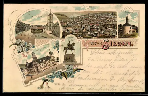 Lithographie Siegen, Kaiser Wilhelm I. Denkmal, Postgebäude, Eremitage, Marktplatz und Totalansicht