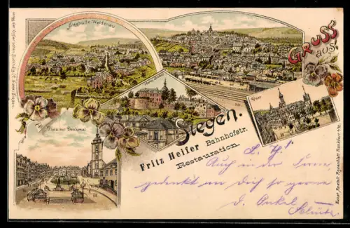 Lithographie Siegen, Totalansicht, Platz mit Denkmal, Bahnhof