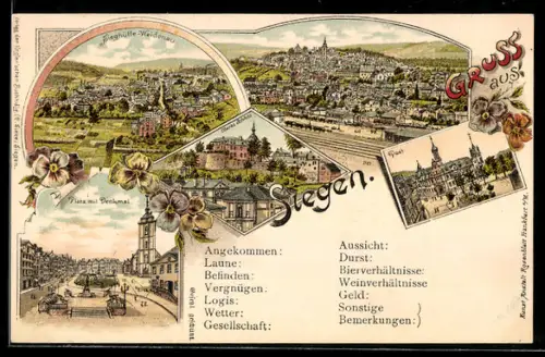 Lithographie Siegen, Sieghütte-Weidenau, Post, Oberes Schloss, Platz mit Denkmal
