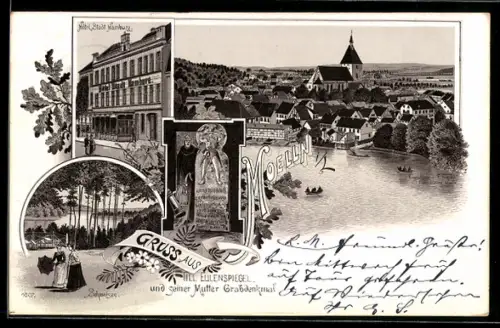 Lithographie Mölln, Hotel Stadt Hamburg, Till Eulenspiegel und seiner Mutter Grabdenkmal, Schmalsee u. Ortsansicht