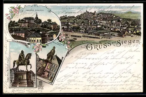 Lithographie Siegen, Oberes Schloss, Kaiser-Denkmal, Krieger-Denkmal und Ortsansicht