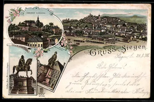 AK Siegen, Oberes Schloss, Kaiserdenkmal und Ortspanorama