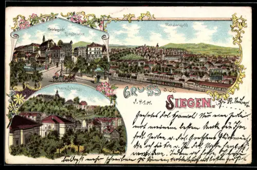 Lithographie Siegen, Ortspartie mit Siegbrücke, Oberes Schloss und Gesamtansicht