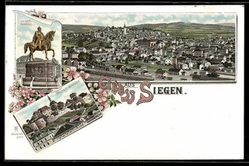 Lithographie Siegen, Totalansicht, Oberes Schloss, Kaiser-Denkmal