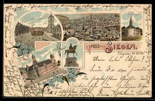 Lithographie Siegen, Postgebäude, Eremitage, Marktplatz