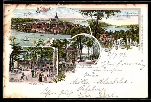 Lithographie Mölln / Lauenburg, Gasthaus Waldhalle, Schmalsee und Totalansicht