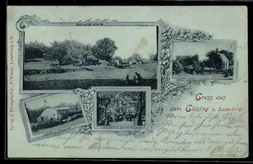 AK Lauenburg /Elbe, Gasthaus Glüsing, Inh. J. C. Ohle, Gartenlokal und Tanzsalon, Kapelle und Ortspartie