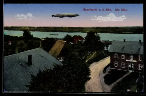 AK Geesthacht a. d. Elbe, Zeppelin über der Elbe