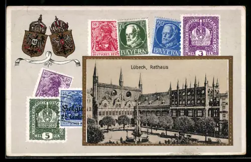Passepartout-Lithographie Lübeck, Rathaus, Wappen, alte Briefmarken