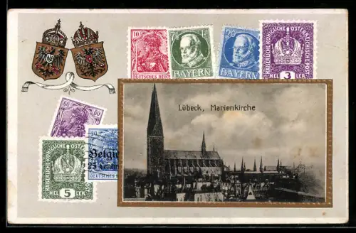 AK Lübeck, Blick zur Marienkirche, Briefmarken und Wappen