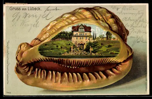 Künstler-AK Lübeck, Gebäudeansicht und Tor im Passepartoutrahmen Muschel