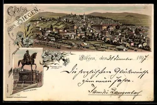 Lithographie Siegen, Ortsansicht, Kaiser Denkmal