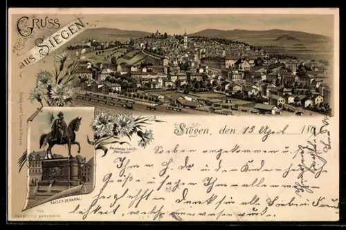 Lithographie Siegen, Gesamtansicht, Kaiser Denkmal