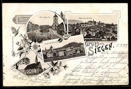 Lithographie Siegen, Oberes Schloss, Martini-Kirche, Marktplatz