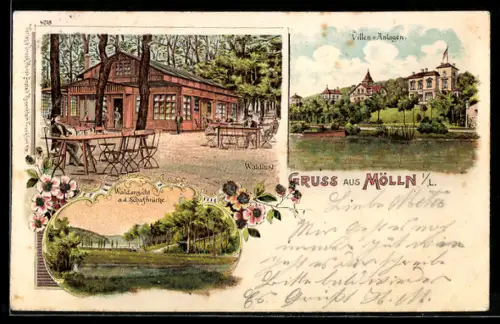 Lithographie Mölln i. L., Gaststätte Waldlust, Waldansicht an der Schafbrücke, Villen und Anlagen