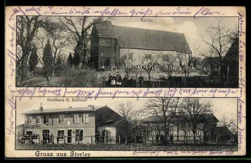 AK Sterley, Kaufhaus E. Bielfeldt, Kirche und Friedhof