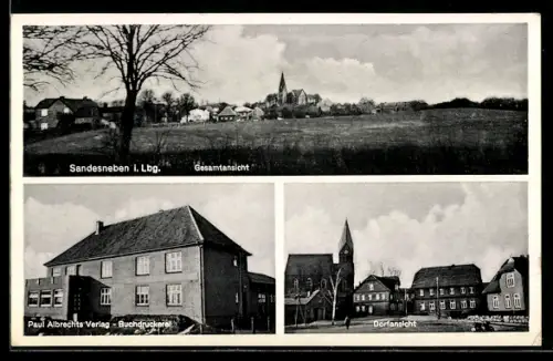 AK Sandesneben i. Lbg., Paul Albrechts Verlag-Buchdruckerei, Ortspartie, Gesamtansicht mit Kirche