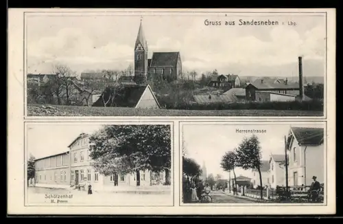 AK Sandesneben i. Lbg., Gasthaus Schützenhof, Bes. H. Peters, Herrenstrasse, Blick zur Kirche