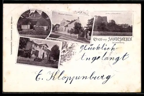 AK Sandesneben i. Lbg., Pensionat Diekmann, Altes Wendenhaus, Kirche und Pastorat, Post und Telegraphenamt