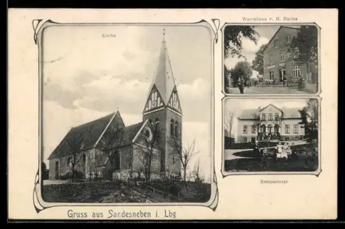 AK Sandesneben i. Lbg., Warenhaus v. H. Harms, Kompastorat und Kirche
